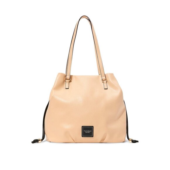 VICTORIA'S SECRET Cinch-Top Faux Leather Tote, Nude/Black- 12”x17” NWT - Picture 1 of 7